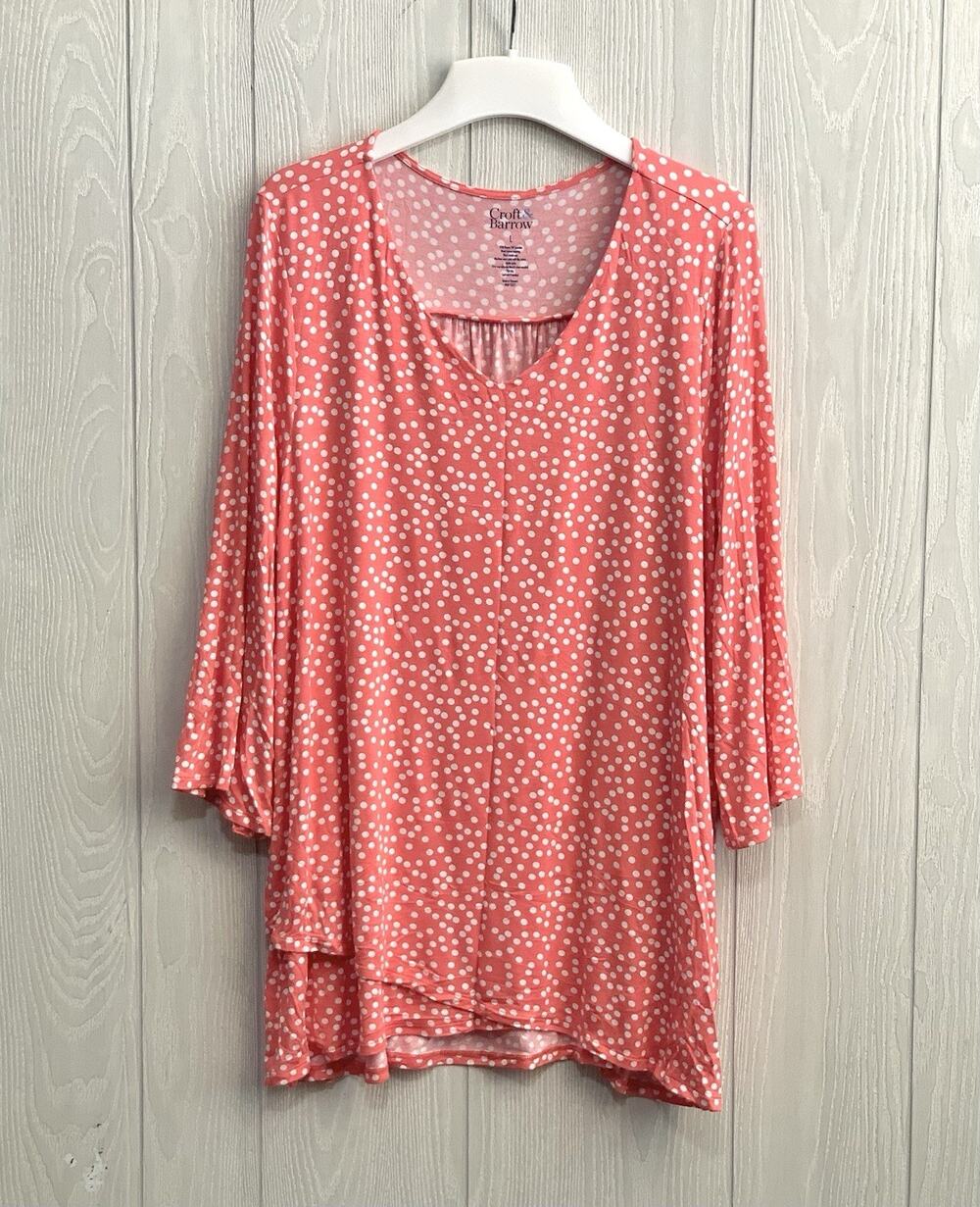 Croft & Barrow Peach White Polka Dot V-Neck Long Sleeve Top Large NWT